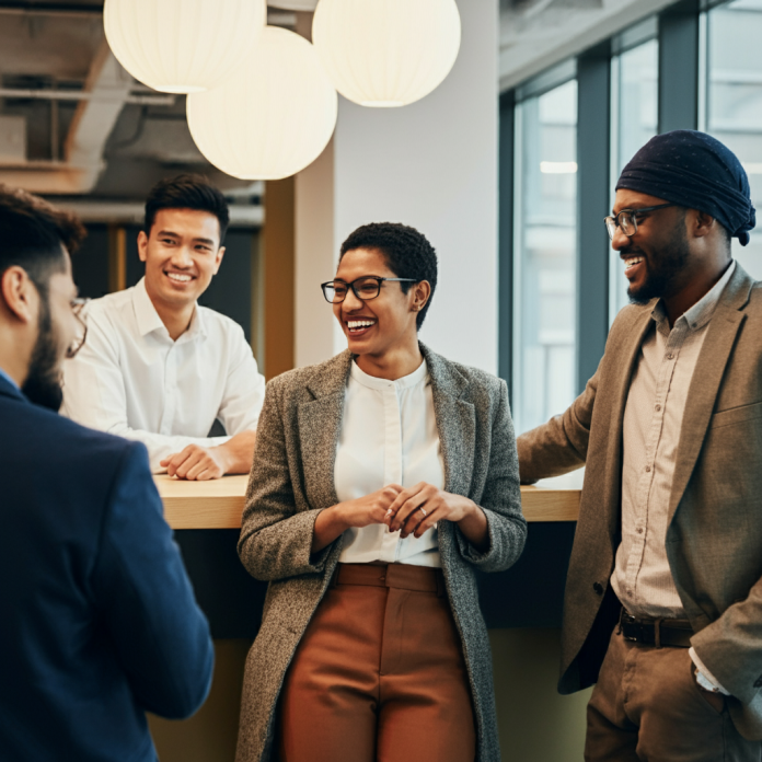 Diverse professionals discussing career opportunities in Canada’s Skilled Worker Program.