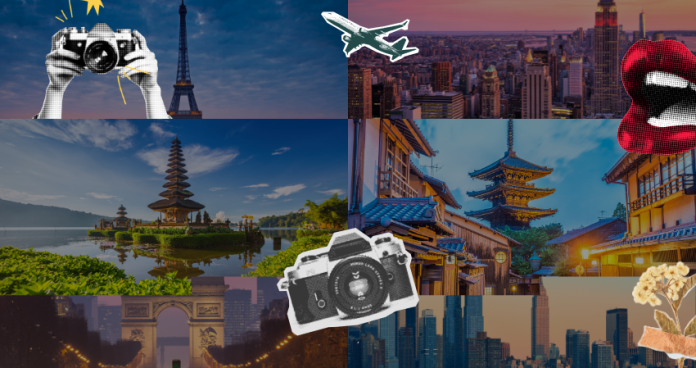 Collage of dream destinations including Paris, Kyoto, Bali, and New York City.