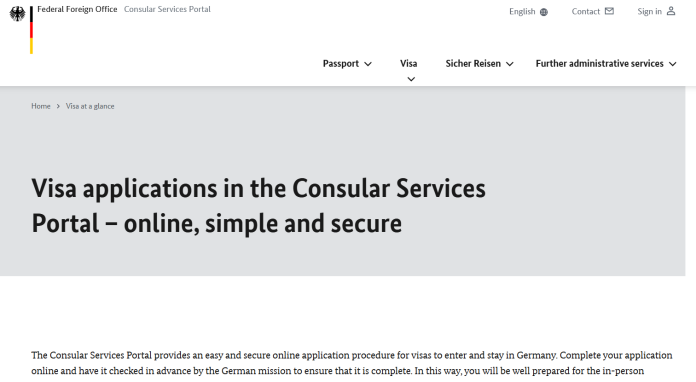 Screenshot of Germany's Consular Services Portal homepage showcasing the online visa application interface.